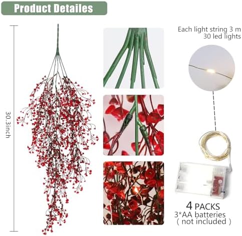 RECUTMS Artificial Hanging Fern Lighted with 30 LED Fake Ivy Vines for Home Decor Pack of 4 Red