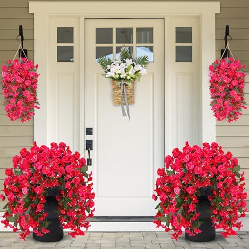 Sggvecsy Artificial Hanging Flowers for Outdoor Spring Summer Decoration 4PCS Rose Red