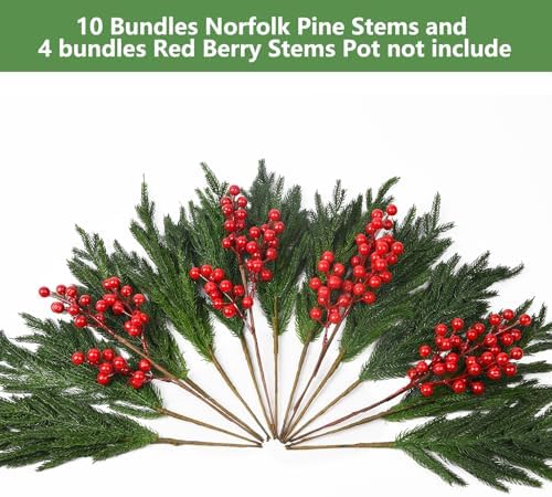 10 Pcs Christmas Norfolk Pine Stems with Red Berries for Decor