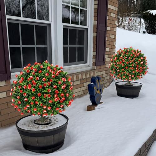 MOOMASS Artificial Rose Topiary Ball Trees Set of 2 24 Inch UV Resistant Fake Evergreen Shrubs with Ground Spike