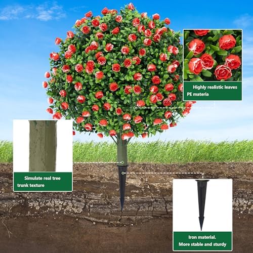MOOMASS Artificial Rose Topiary Ball Trees Set of 2 24 Inch UV Resistant Fake Evergreen Shrubs with Ground Spike