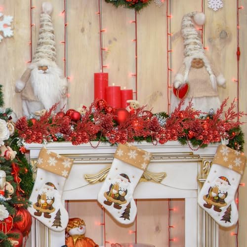 Winlyn 12 Pcs Red Glitter Artificial Pine Branches with Pinecone and Berries for Christmas Decor