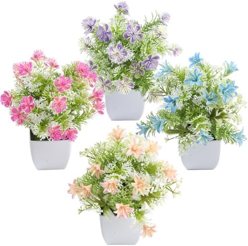 4-Pack Small Artificial Plants with Realistic Flowers