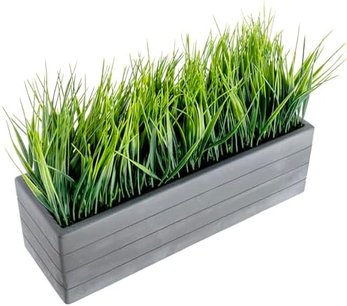MyGift 14 Inch Artificial Grass Plant in Gray Concrete Planter