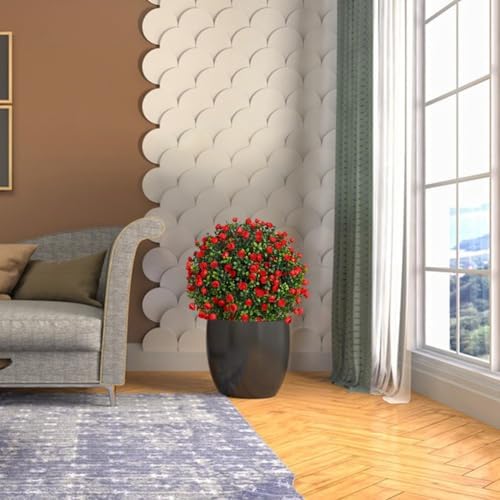 Set of 2 Artificial Boxwood Topiary Shrubs with Red Flowers Outdoor Decor