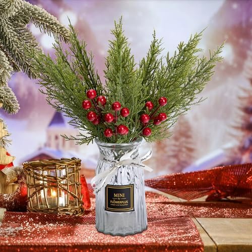 60 Pcs Set Artificial Pine Branches with Red Berries for Christmas