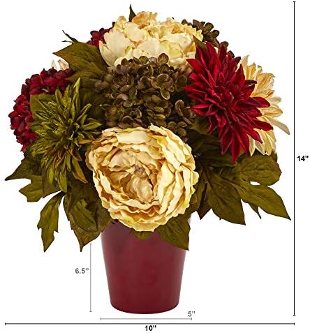 Nearly Natural 14in Artificial Flower Arrangement in Burgundy Vase