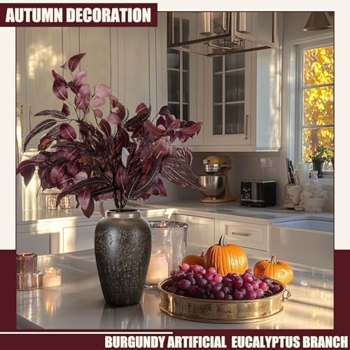 3 Pcs 30 Inch Burgundy Artificial Eucalyptus Stems for Fall Decor
