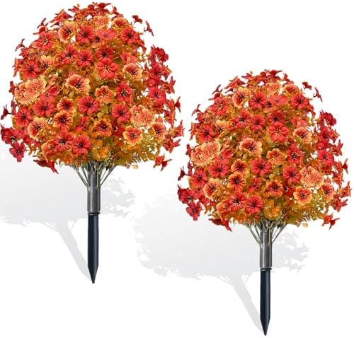 2 Pack Artificial Boxwood Topiary with Fall Mums Flowers