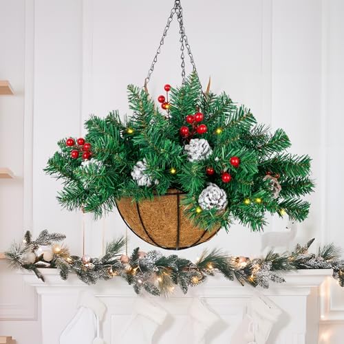 Ciaell 22inch Artificial Christmas Hanging Basket with LED Lights and Pine Cones Berries