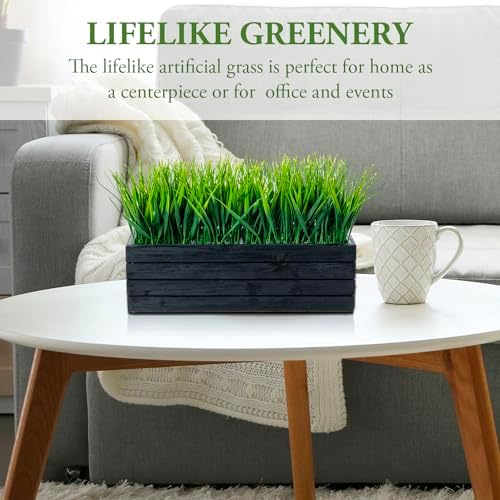 MyGift 14 Inch Artificial Grass in Vintage Black Wood Planter