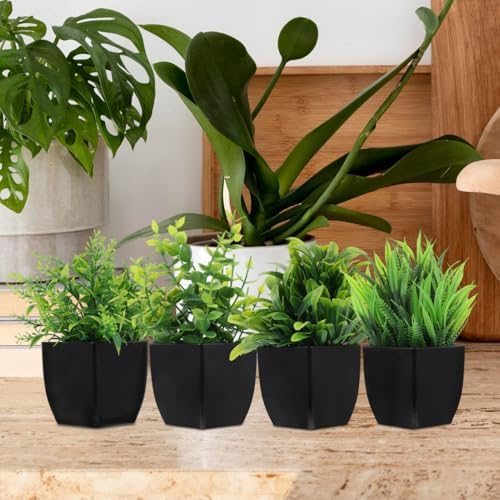 BESTYASH 4Pcs Small Faux Greenery in Black Pots Realistic Artificial Plants for Indoor Decor