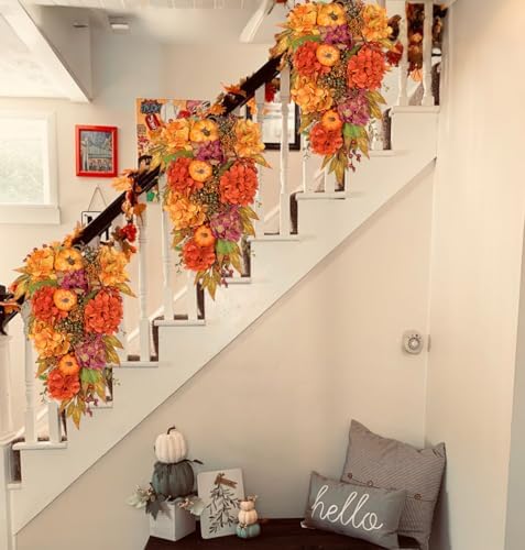 Artificial Teardrop Swag with Fake Hydrangeas and Pumpkins Fall Decor