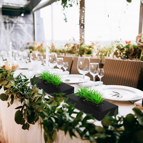 Hotop 2 Pcs Artificial Green Grass Plants in Black Wooden Rectangle Planter Pots