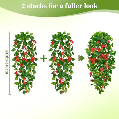 BLEUM CADE 2pcs Fake Hanging Pothos Vines with Red Flowers for Wall Decor