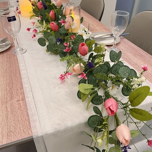 Spring Tulip Garland with Eucalyptus Wildflowers Artificial Wreath for Mantle Porch Summer Decor
