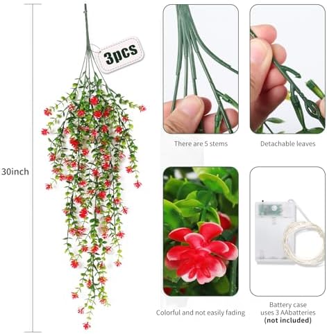 3 Pack Fake Hanging Plants with LED Lights for Outdoor Decor Red