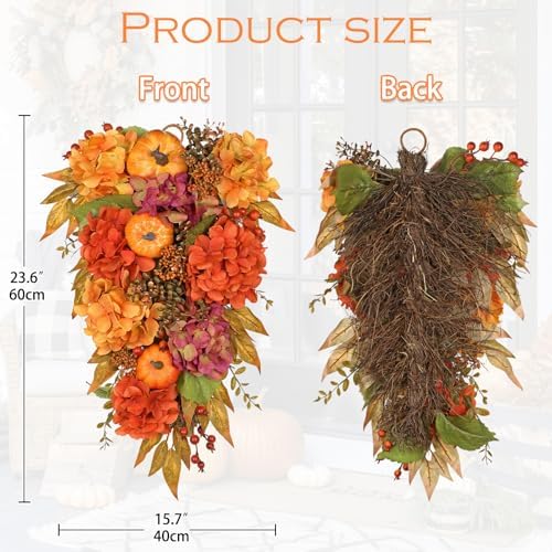 Artificial Teardrop Swag with Fake Hydrangeas and Pumpkins Fall Decor