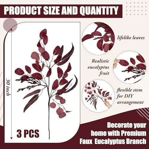 3 Pcs 30 Inch Burgundy Artificial Eucalyptus Stems for Fall Decor