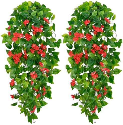 BLEUM CADE 2pcs Fake Hanging Pothos Vines with Red Flowers for Wall Decor