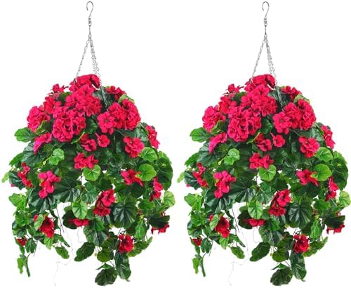 QIANYUN 2PCS Fake Hanging Plants with Red Geranium Flowers