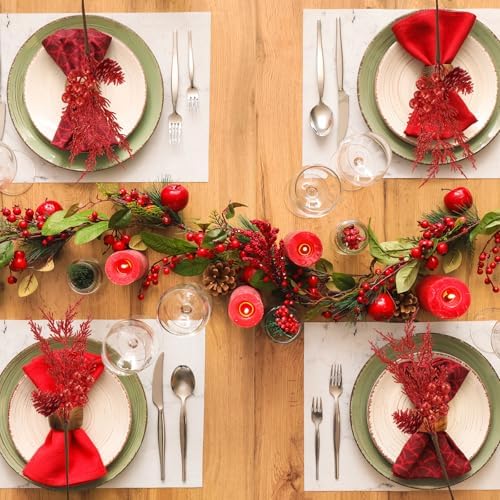 Winlyn 12 Pcs Red Glitter Artificial Pine Branches with Pinecone and Berries for Christmas Decor