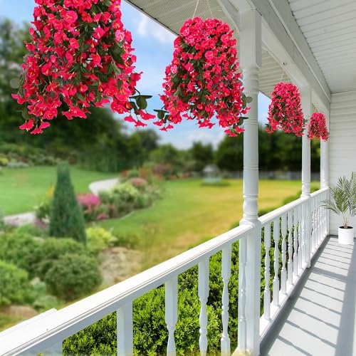Sggvecsy Artificial Hanging Flowers for Outdoor Spring Summer Decoration 4PCS Rose Red