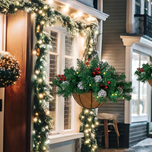 Ciaell 22inch Artificial Christmas Hanging Basket with LED Lights and Pine Cones Berries