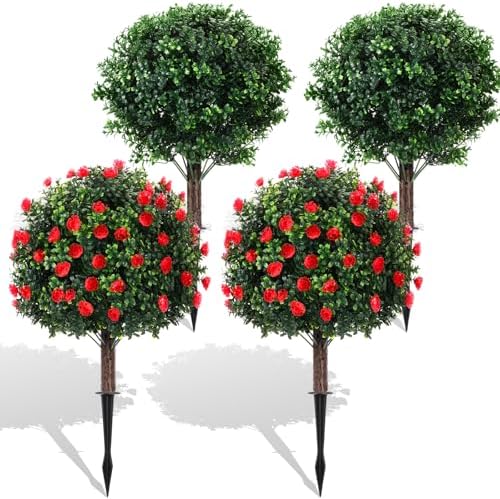 Giegxin Artificial Boxwood Topiary Ball Trees and Rose Bushes Set of 4