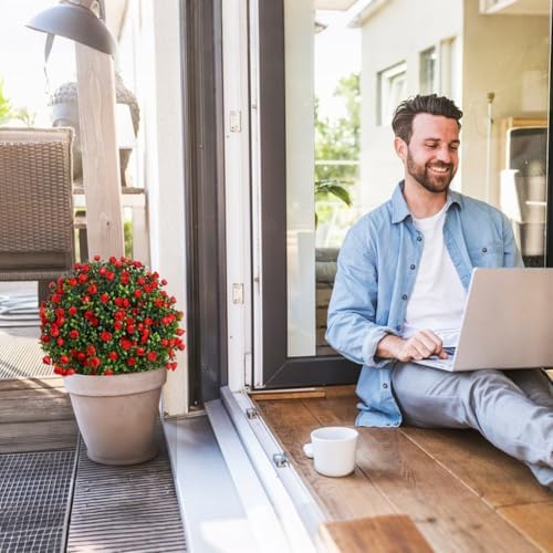 Set of 2 Artificial Boxwood Topiary Shrubs with Red Flowers Outdoor Decor