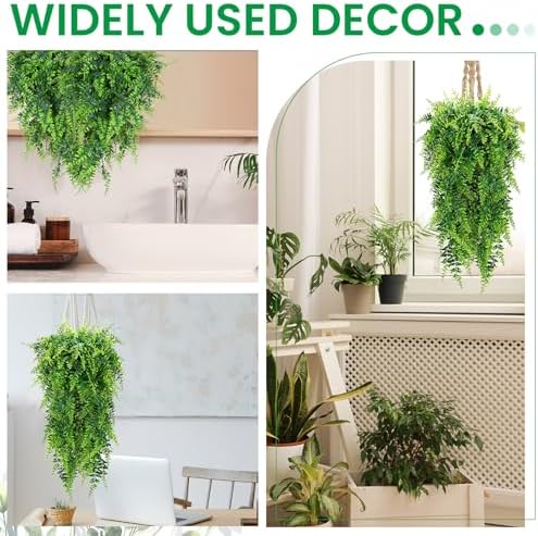 Lyrow 6 Pcs Artificial Hanging Plants 32 Inch Fake Boston Ferns Plastic Faux Decor