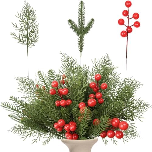 95PCS Christmas Wrapping Decor Set with Artificial Pine Faux Greenery and Red Berries