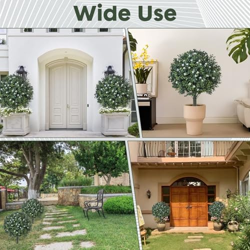 Artificial Boxwood Topiary with White Flowers Set of 2 UV Resistant Outdoor Decor