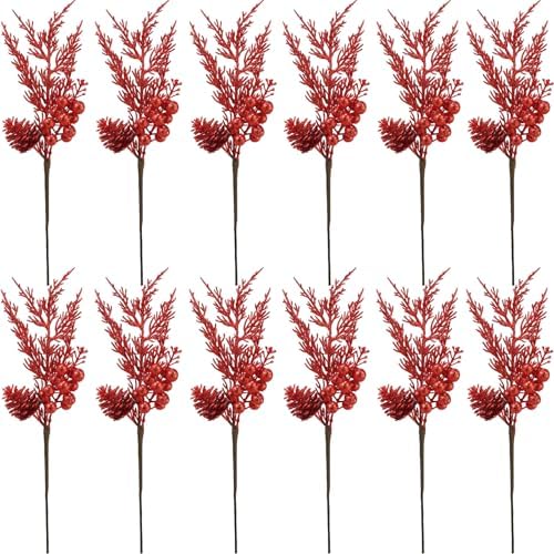 Winlyn 12 Pcs Red Glitter Artificial Pine Branches with Pinecone and Berries for Christmas Decor