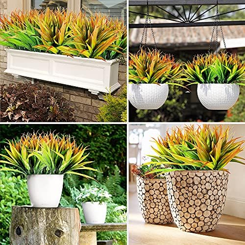 CLONG 4pcs Artificial Fake Grass Plants Plastic Greenery Set Orange Green