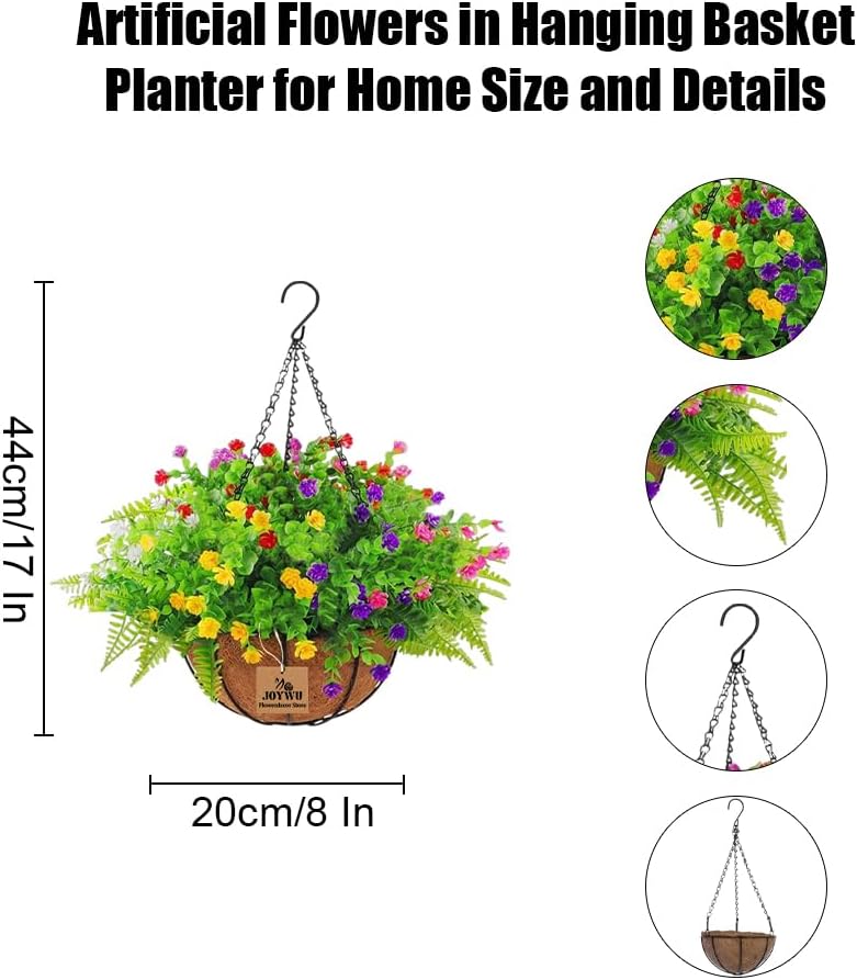 Artificial Hanging Plants with Basket for Outdoor Decor 2 Sets of 17 Inch Faux Flowers in Coconut Pot