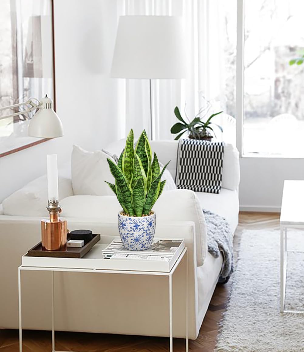 Hollyone Artificial Snake Plant with Blue Porcelain Pot
