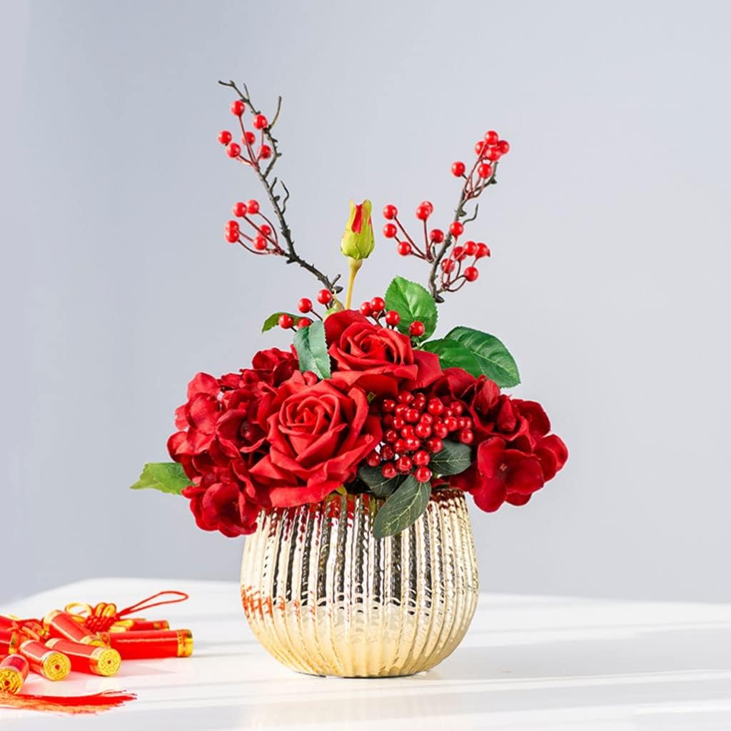 Artificial Flowers with Gold Ceramic Vase Set for Home Wedding Decor