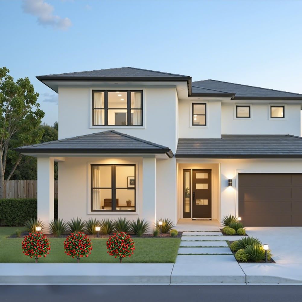 Set of 2 Artificial Boxwood Topiary Shrubs with Red Flowers Outdoor Decor