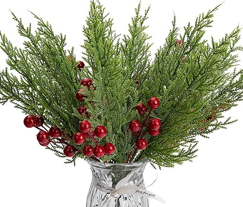 60 Pcs Set Artificial Pine Branches with Red Berries for Christmas