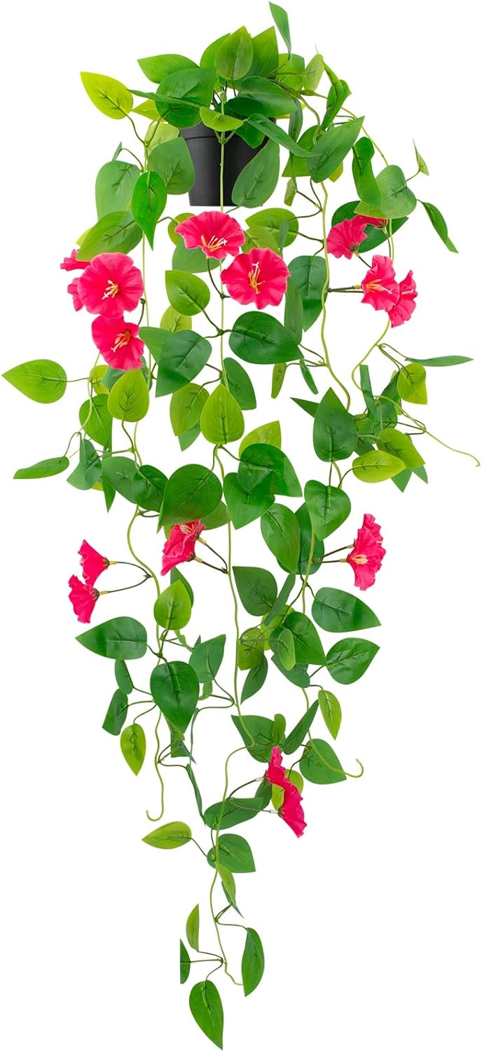 LOYWREE Artificial Hanging Potted Plant 39in Red Vine with Flowers for Home Office Decor