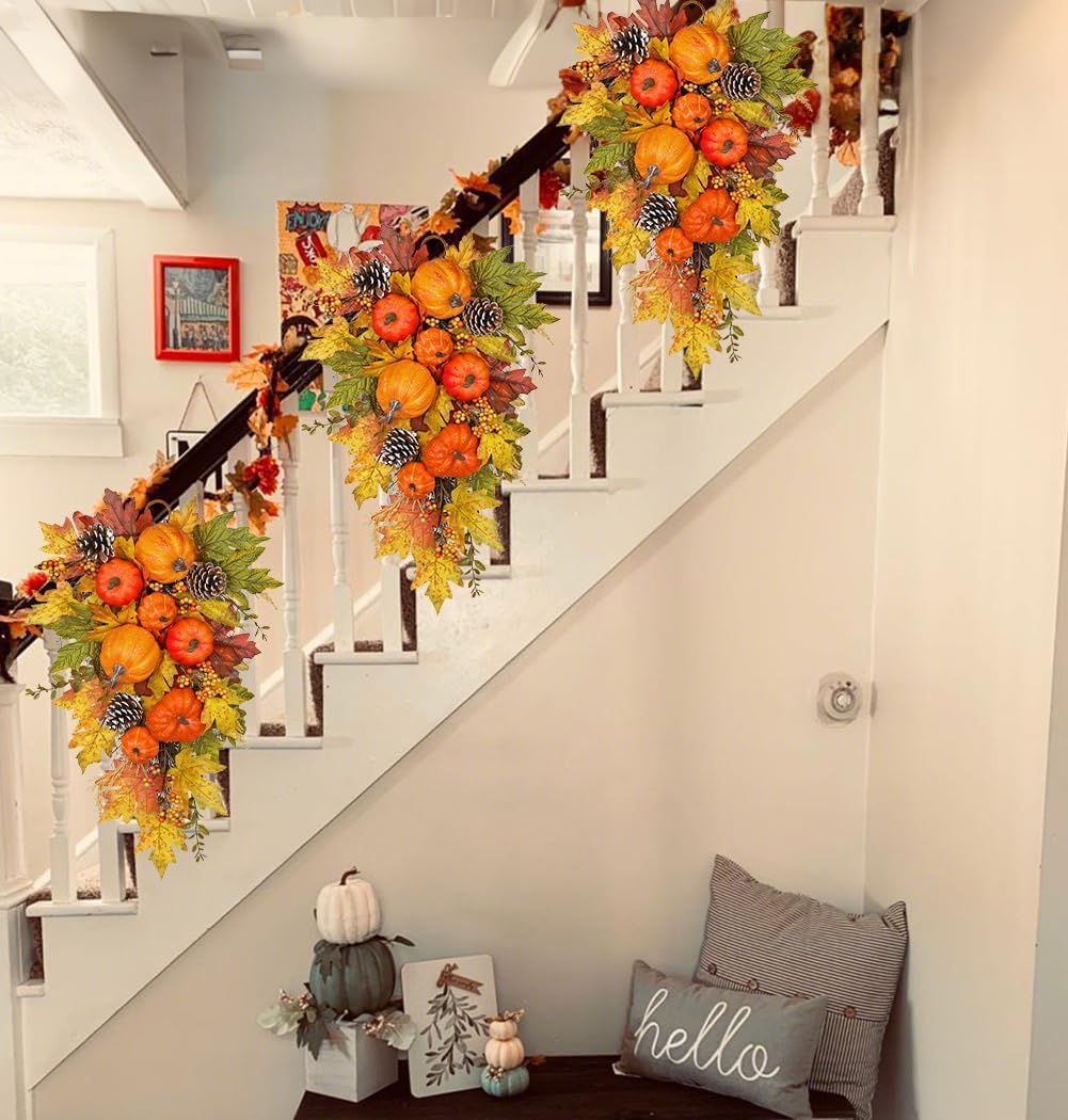 Elegant Fall Wreath and Swag with Fake Pumpkins for Farmhouse Dcor