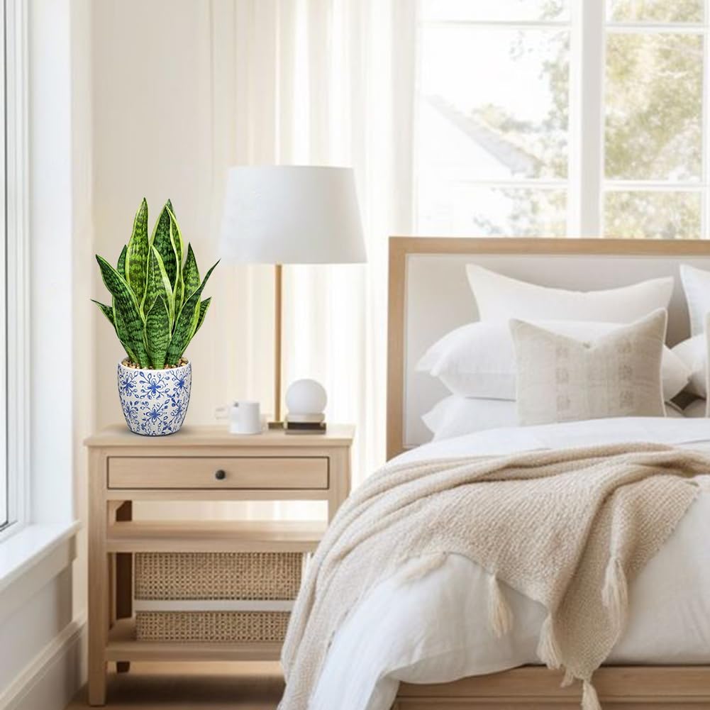Hollyone Artificial Snake Plant with Blue Porcelain Pot