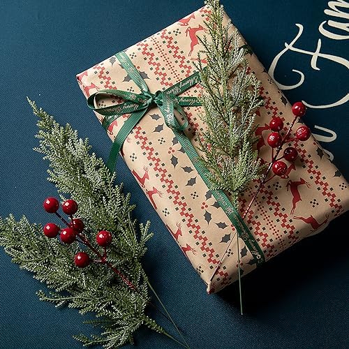 60 Pcs Set Artificial Pine Branches with Red Berries for Christmas