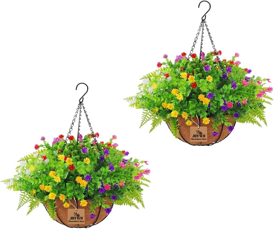 Artificial Hanging Plants with Basket for Outdoor Decor 2 Sets of 17 Inch Faux Flowers in Coconut Pot