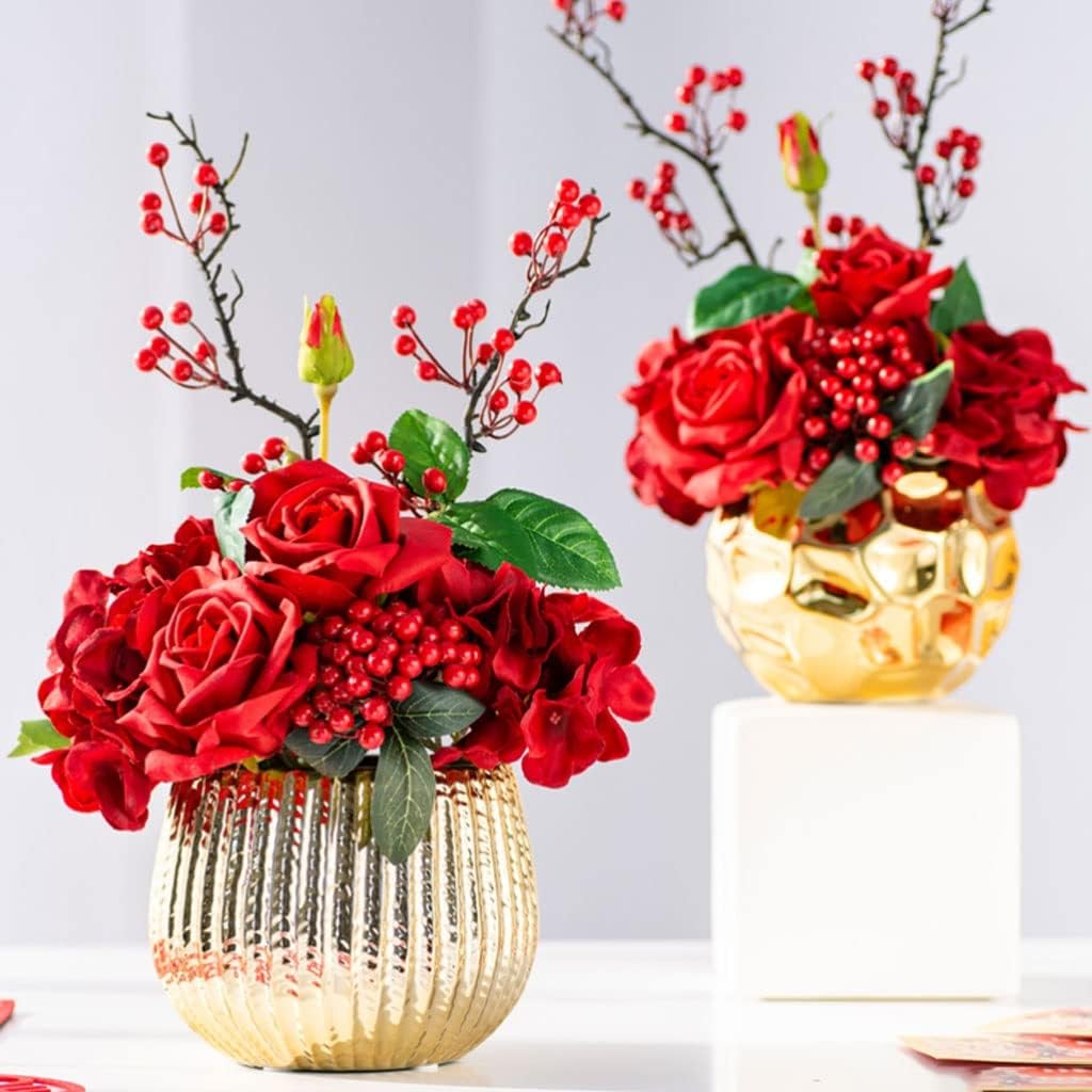 Artificial Flowers with Gold Ceramic Vase Set for Home Wedding Decor
