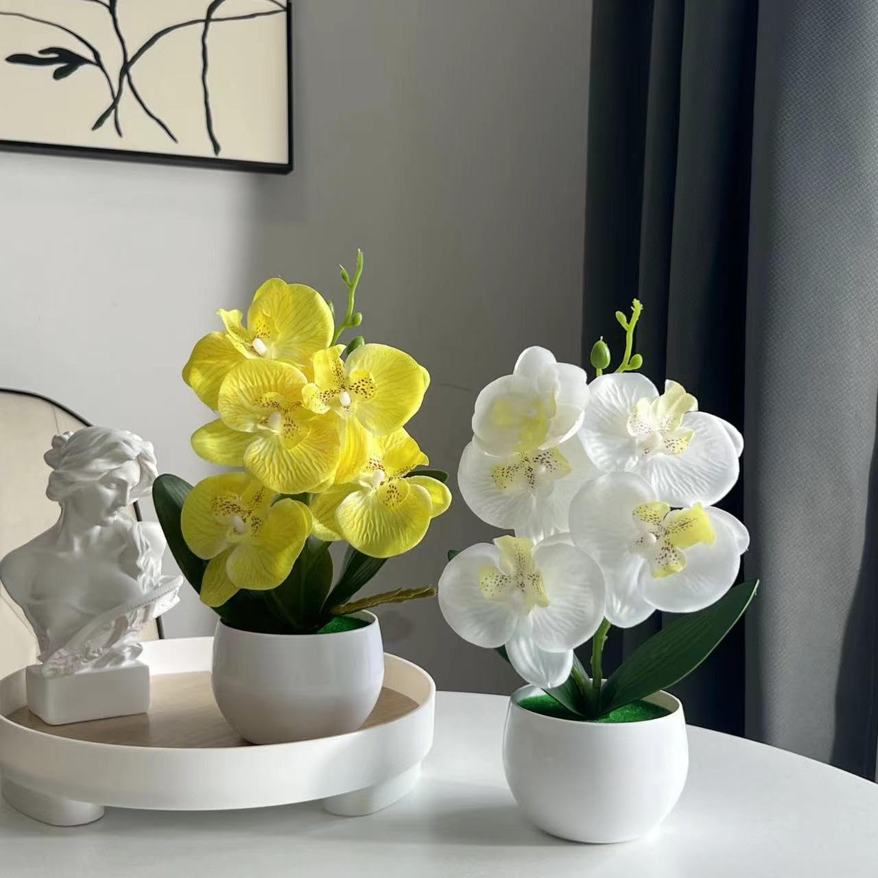 JEVA 2Set Artificial Orchid Flower and White Pot Centerpiece
