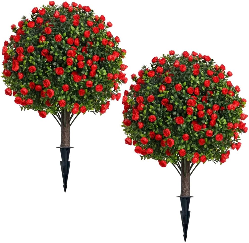 Set of 2 Artificial Boxwood Topiary Shrubs with Red Flowers Outdoor Decor