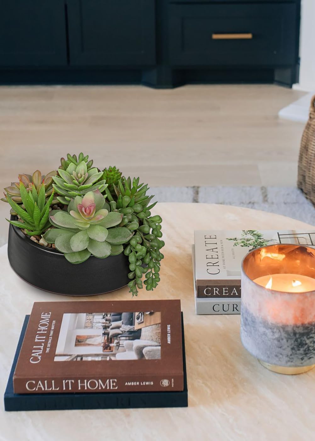 DILATATA Artificial Succulent Plants in Black Ceramic Pot
