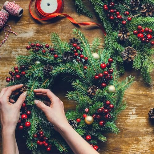 Sggvecsy 60 Pcs Artificial Pine Branches and Red Berry Stems for Christmas Decor